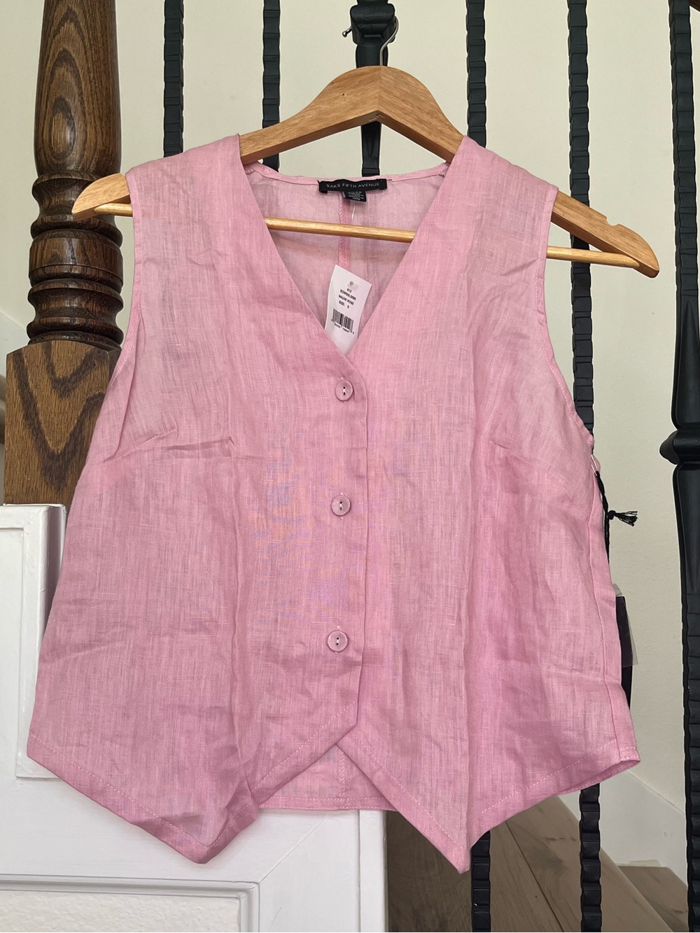 Saks Fifth Pink Linen V-Neck Button Vest with Pointed High Low Tailored Hemline